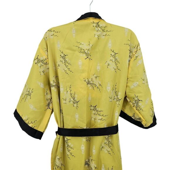 Reversible Kimono Robe L Black Embroidered Dragon Yellow Floral Asian Unisex - Picture 9 of 16